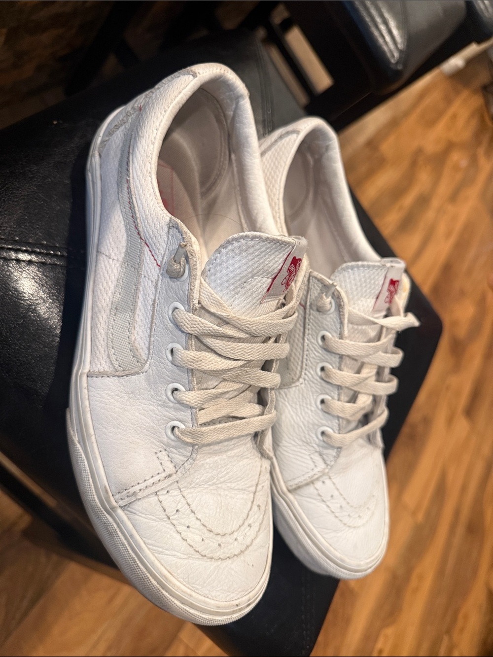 Vans White Low-Top Leather Skate Sneakers with Subtle Red Tab